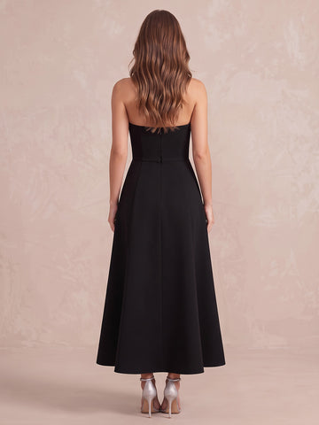 Black A Line Ankle Length Crepe Wedding Guest Dresses 3D Floral Strapless Cocktail Dresses