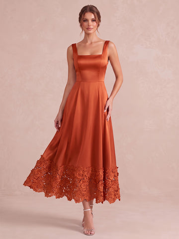 Rust A Line Midi Satin Wedding Guest Dresses Square Neck Cocktail Dresses with Lace