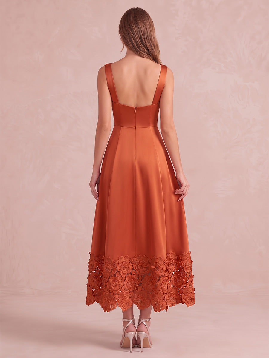 Rust A Line Midi Satin Wedding Guest Dresses Square Neck Cocktail Dresses with Lace