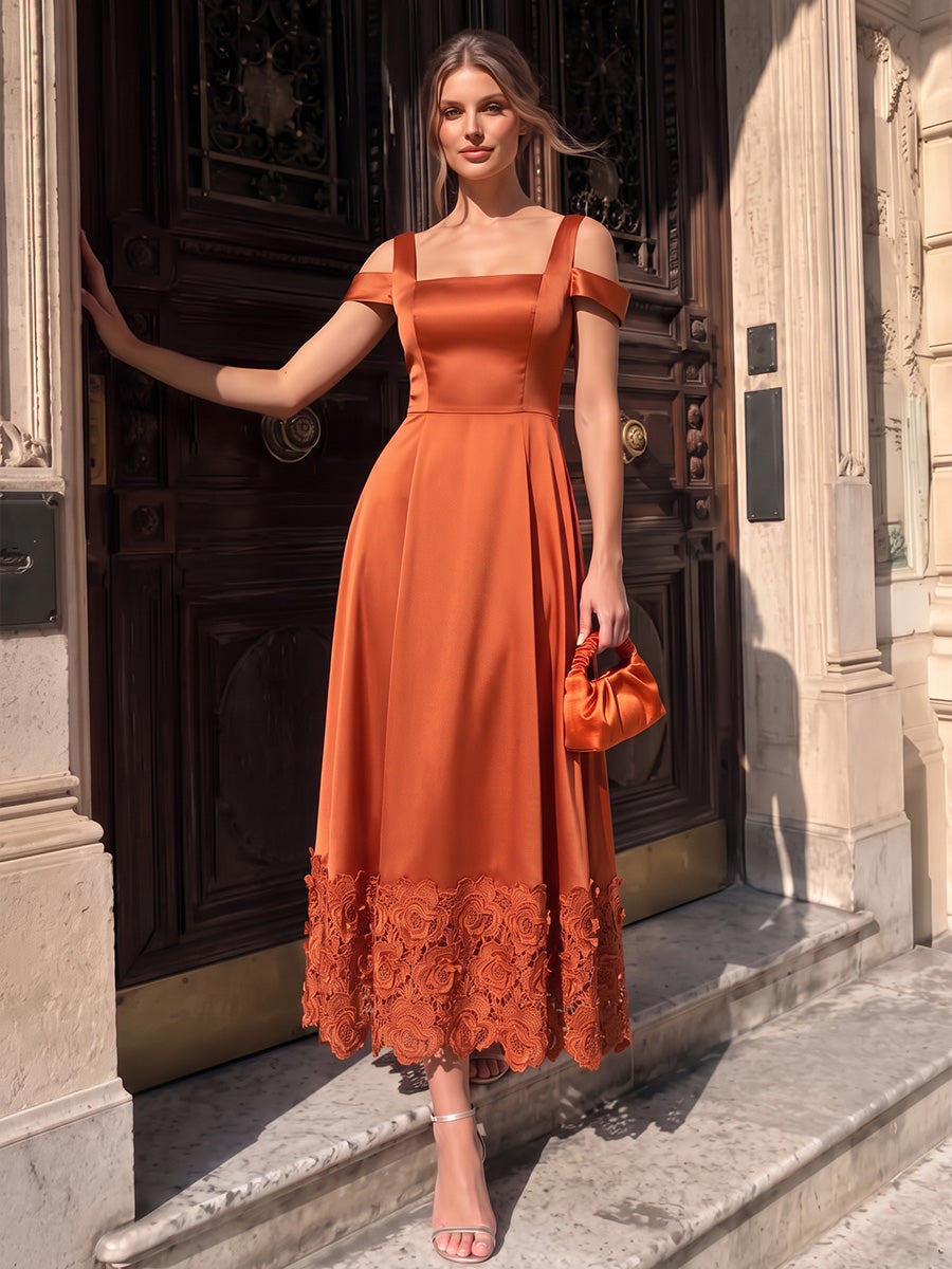 Rust A Line Midi Satin Wedding Guest Dresses Square Neck Cocktail Dresses with Lace