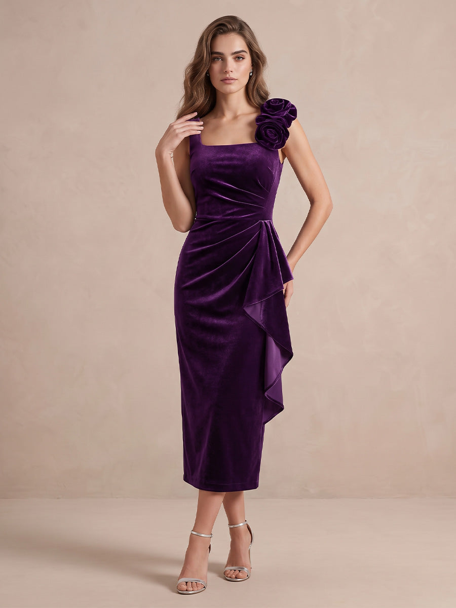 Purple Sheath Midi Velvet Wedding Guest Dresses 3D Floral Square Neck Cocktail Dresses
