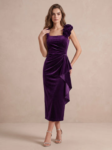 Purple Sheath Midi Velvet Wedding Guest Dresses 3D Floral Square Neck Cocktail Dresses