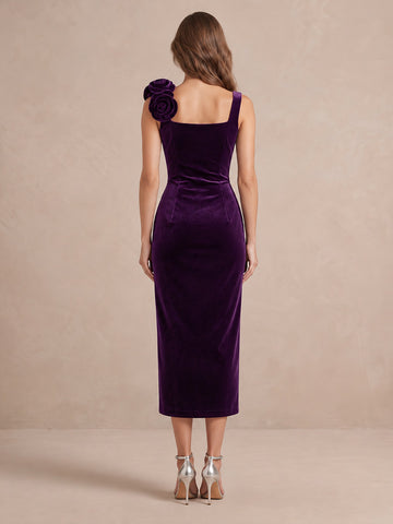 Purple Sheath Midi Velvet Wedding Guest Dresses 3D Floral Square Neck Cocktail Dresses