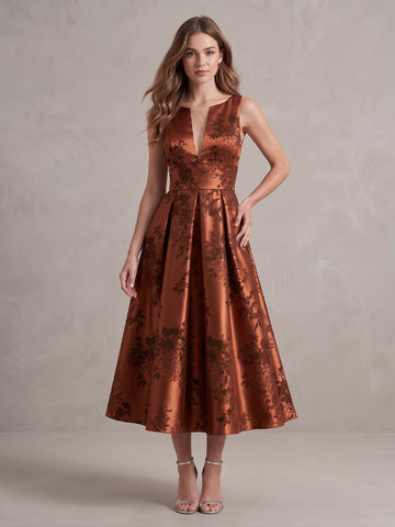 Rust A Line Midi Jacquard Wedding Guest Dresses V Neck Cocktail Dresses