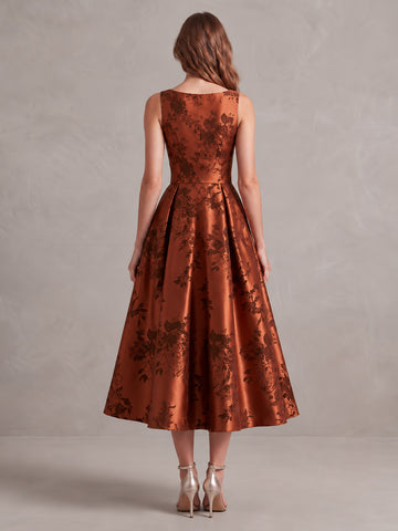 Rust A Line Midi Jacquard Wedding Guest Dresses V Neck Cocktail Dresses