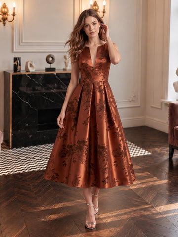 Rust A Line Midi Jacquard Wedding Guest Dresses V Neck Cocktail Dresses