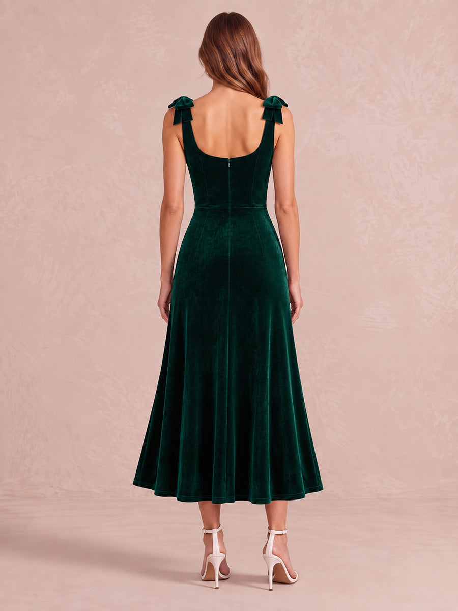 Emerald Green A Line Midi Velvet Wedding Guest Dresses Square Neck Cocktail Dresses