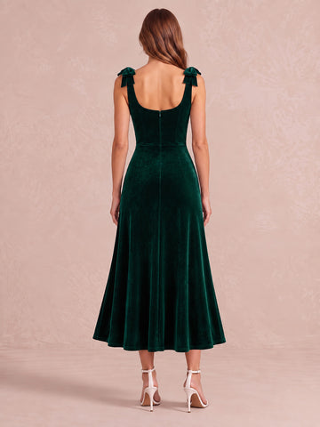 Emerald Green A Line Midi Velvet Wedding Guest Dresses Square Neck Cocktail Dresses