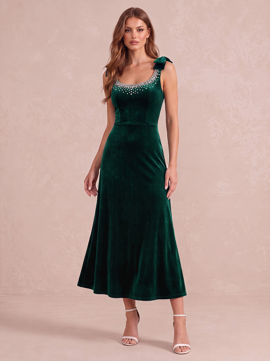 Emerald Green A Line Midi Velvet Wedding Guest Dresses Square Neck Cocktail Dresses