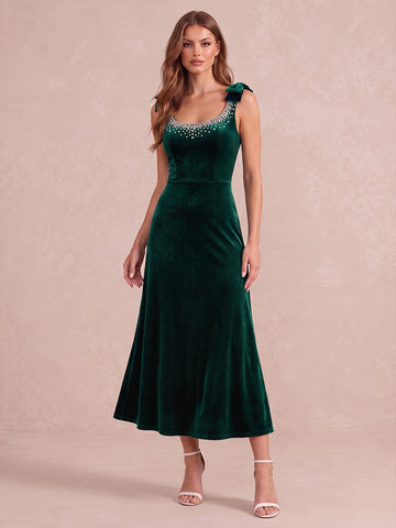 Emerald Green A Line Midi Velvet Wedding Guest Dresses Square Neck Cocktail Dresses