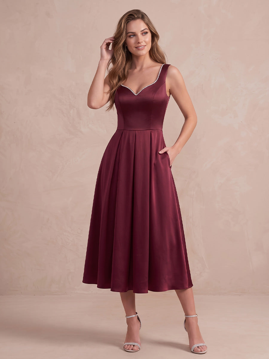 Burgundy A Line Midi Satin Wedding Guest Dresses Sweetheart Cocktail Dresses