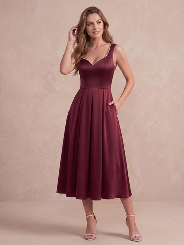 Burgundy A Line Midi Satin Wedding Guest Dresses Sweetheart Cocktail Dresses