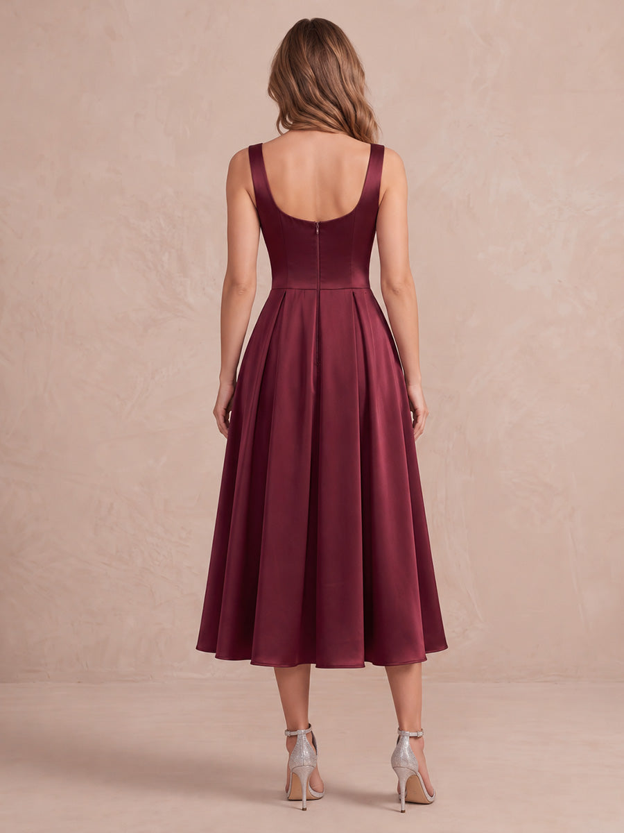 Burgundy A Line Midi Satin Wedding Guest Dresses Sweetheart Cocktail Dresses