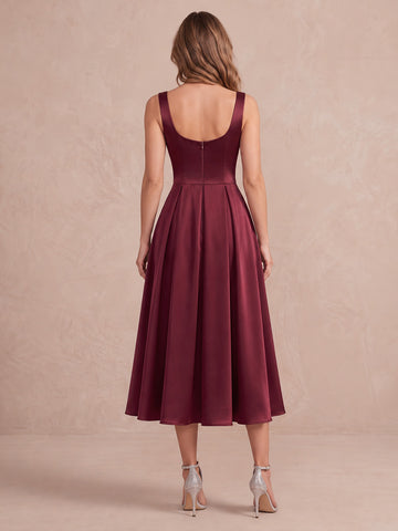 Burgundy A Line Midi Satin Wedding Guest Dresses Sweetheart Cocktail Dresses
