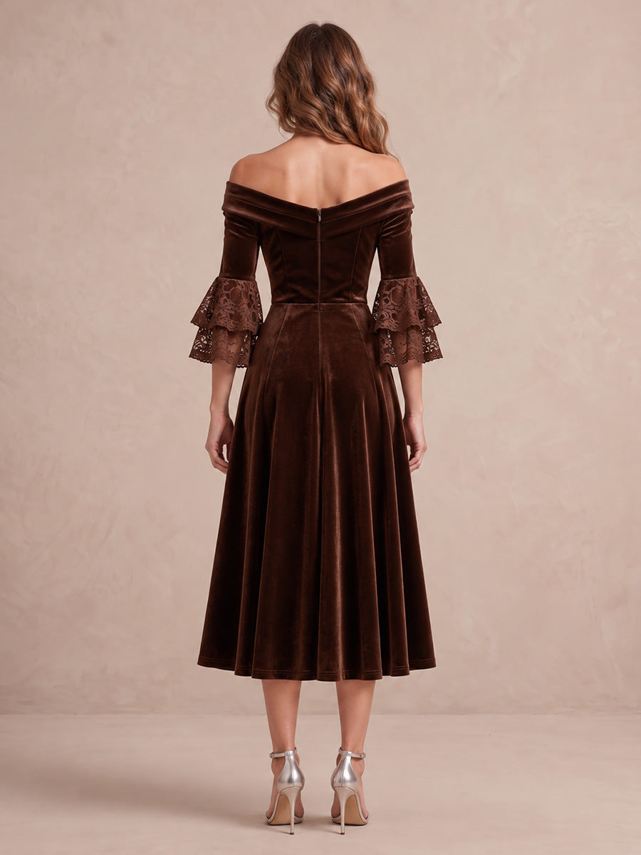 Brown A Line Midi Velvet Wedding Guest Dresses Half Sleeves Off Shoulder Cocktail Dresses