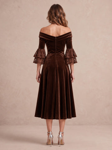 Brown A Line Midi Velvet Wedding Guest Dresses Half Sleeves Off Shoulder Cocktail Dresses