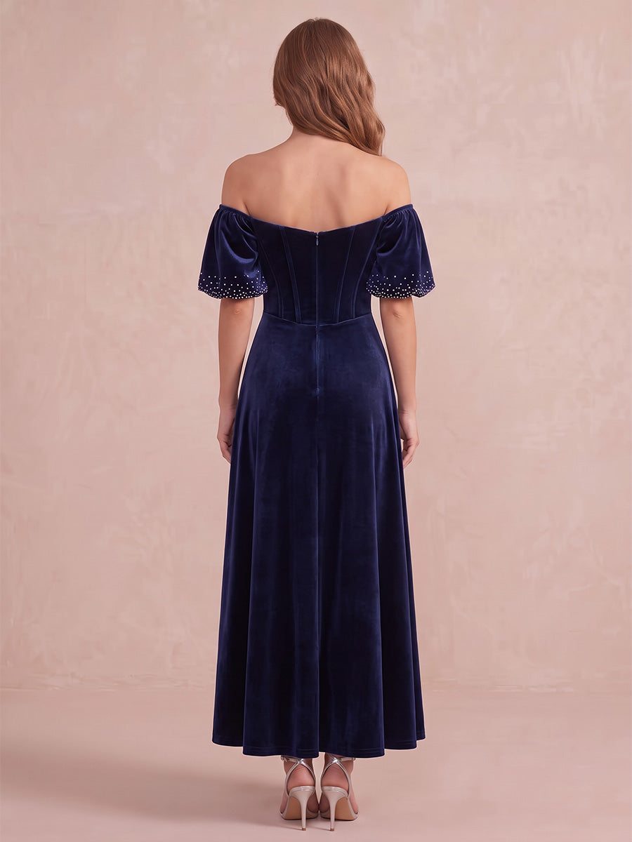Light Royal Blue A Line Ankle Length Velvet Wedding Guest Dresses Off Shoulder Cocktail Dresses