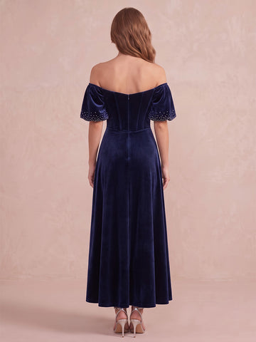 Light Royal Blue A Line Ankle Length Velvet Wedding Guest Dresses Off Shoulder Cocktail Dresses