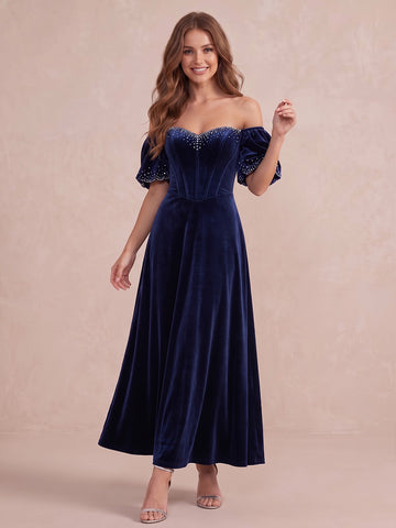 Light Royal Blue A Line Ankle Length Velvet Wedding Guest Dresses Off Shoulder Cocktail Dresses