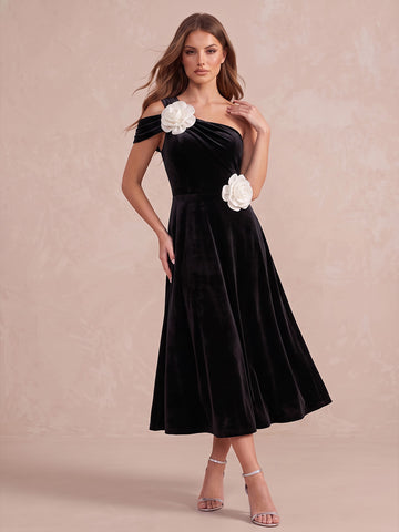 Black A Line Midi Velvet Wedding Guest Dresses One Shoulder 3D Floral Cocktail Dresses