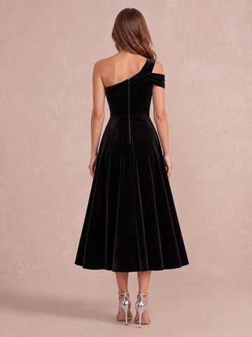 Black A Line Midi Velvet Wedding Guest Dresses One Shoulder 3D Floral Cocktail Dresses