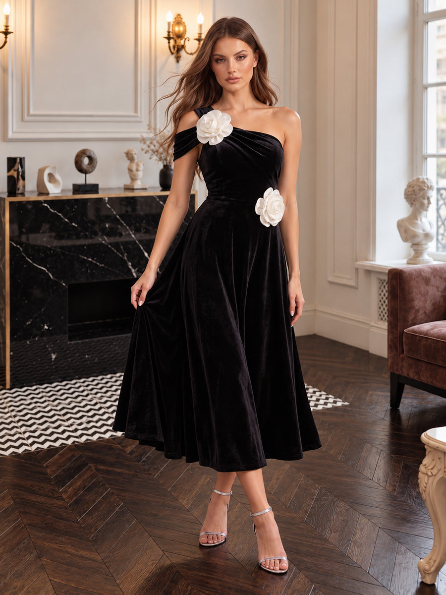 Black A Line Midi Velvet Wedding Guest Dresses One Shoulder 3D Floral Cocktail Dresses