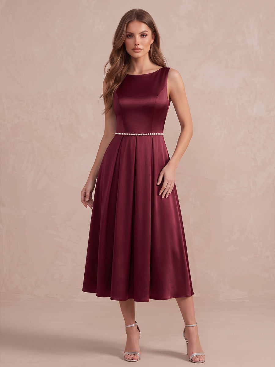 Burgundy A Line Midi Satin Wedding Guest Dresses Bateau Pearls Cocktail Dresses
