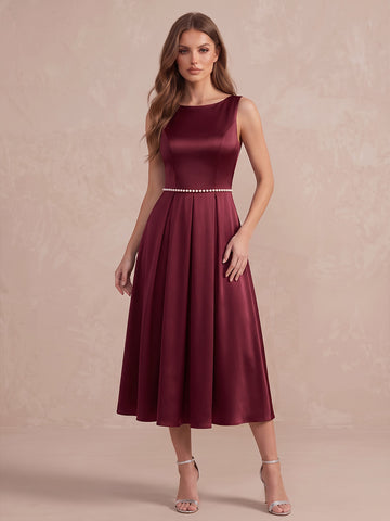 Burgundy A Line Midi Satin Wedding Guest Dresses Bateau Pearls Cocktail Dresses