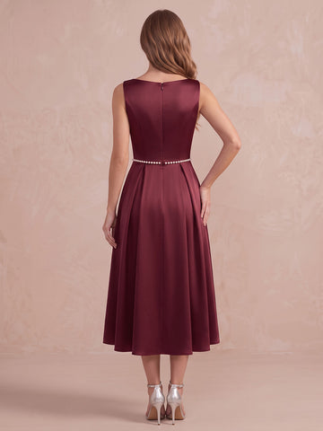 Burgundy A Line Midi Satin Wedding Guest Dresses Bateau Pearls Cocktail Dresses