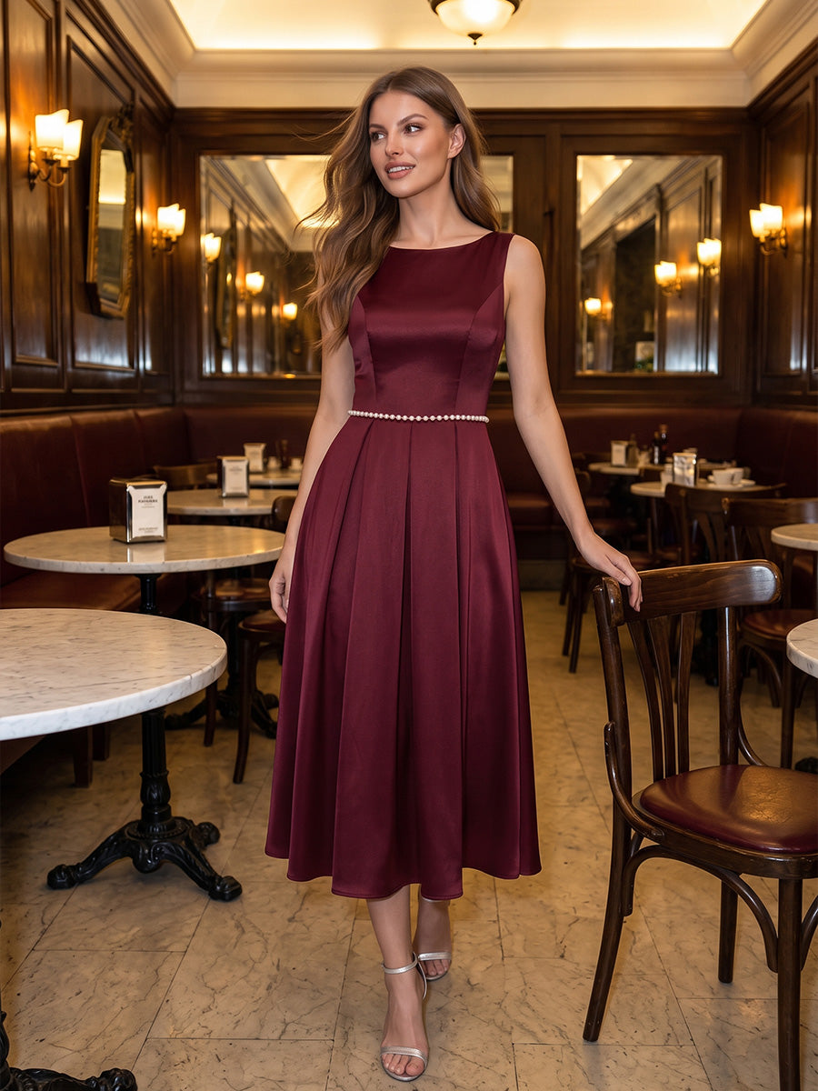 Burgundy A Line Midi Satin Wedding Guest Dresses Bateau Pearls Cocktail Dresses