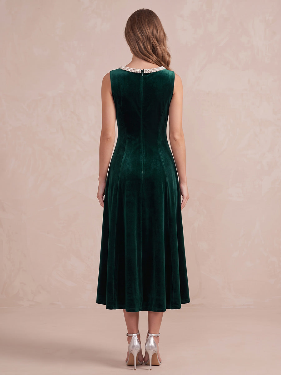Emerald Green A Line Midi Velvet Wedding Guest Dresses Bateau Beaded Neckline Cocktail Dresses
