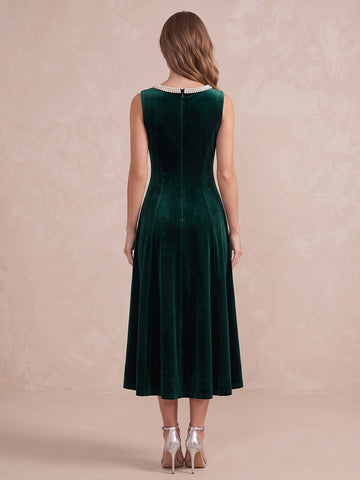Emerald Green A Line Midi Velvet Wedding Guest Dresses Bateau Beaded Neckline Cocktail Dresses