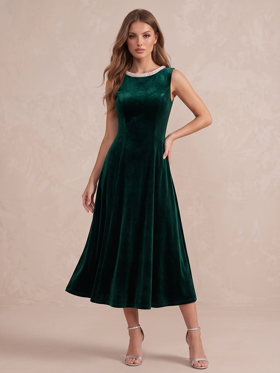 Emerald Green A Line Midi Velvet Wedding Guest Dresses Bateau Beaded Neckline Cocktail Dresses