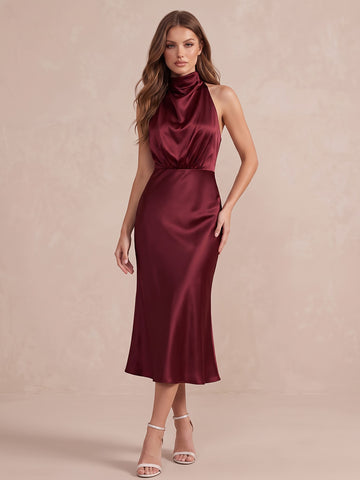 Burgundy Mermaid Midi Satin Wedding Guest Dresses High Halter Cocktail Dresses