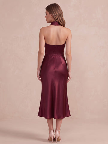 Burgundy Mermaid Midi Satin Wedding Guest Dresses High Halter Cocktail Dresses