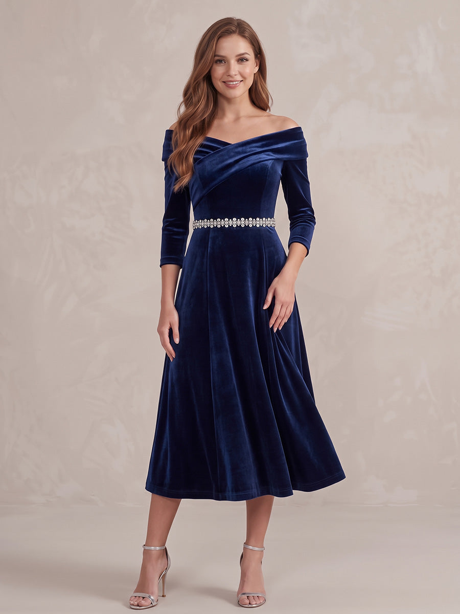 Light Royal Blue A Line Midi Velvet Wedding Guest Dresses Long Sleeves Off Shoulder Cocktail Dresses