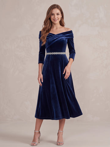 Light Royal Blue A Line Midi Velvet Wedding Guest Dresses Long Sleeves Off Shoulder Cocktail Dresses