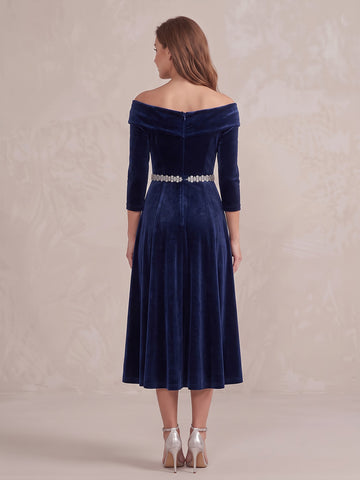 Light Royal Blue A Line Midi Velvet Wedding Guest Dresses Long Sleeves Off Shoulder Cocktail Dresses