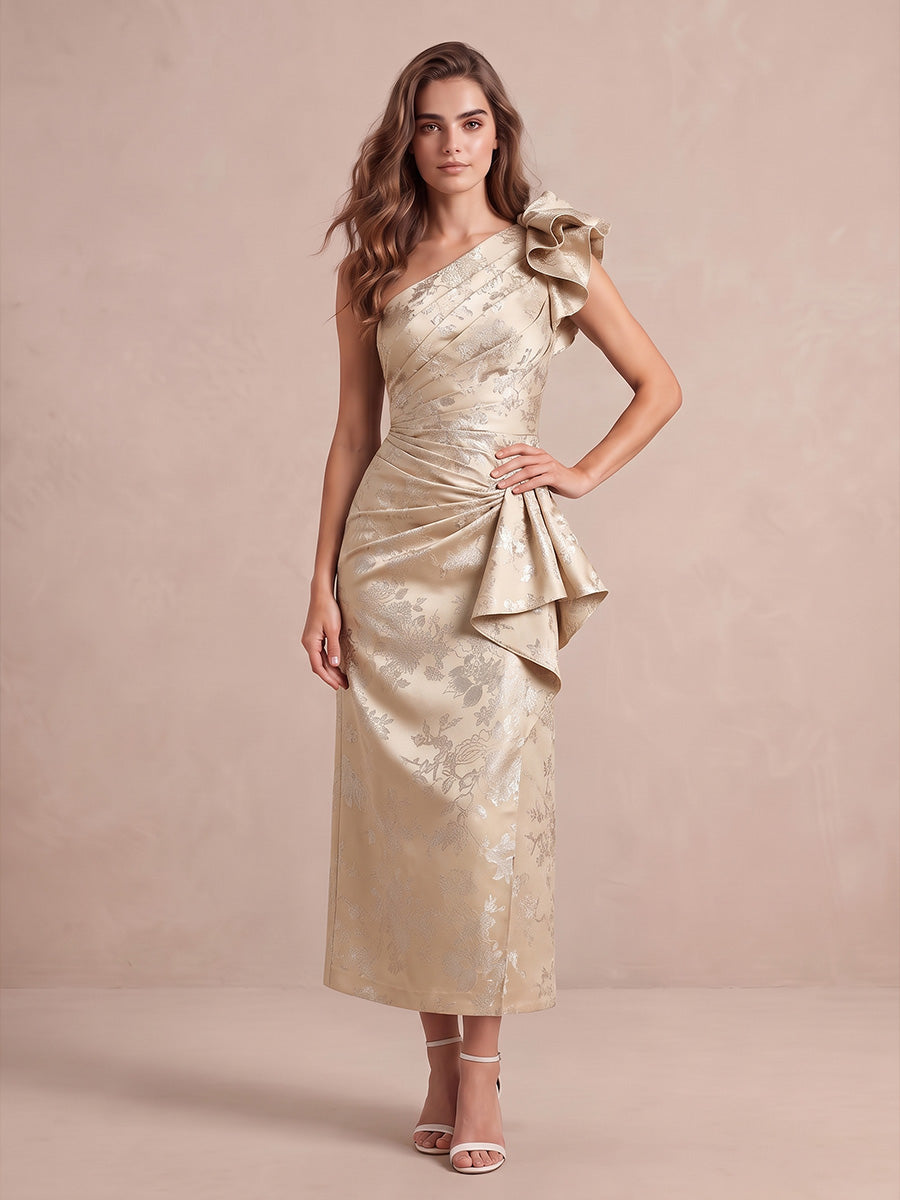 Champagne Sheath Midi Jacquard Wedding Guest Dresses One Shoulder Cocktail Dresses