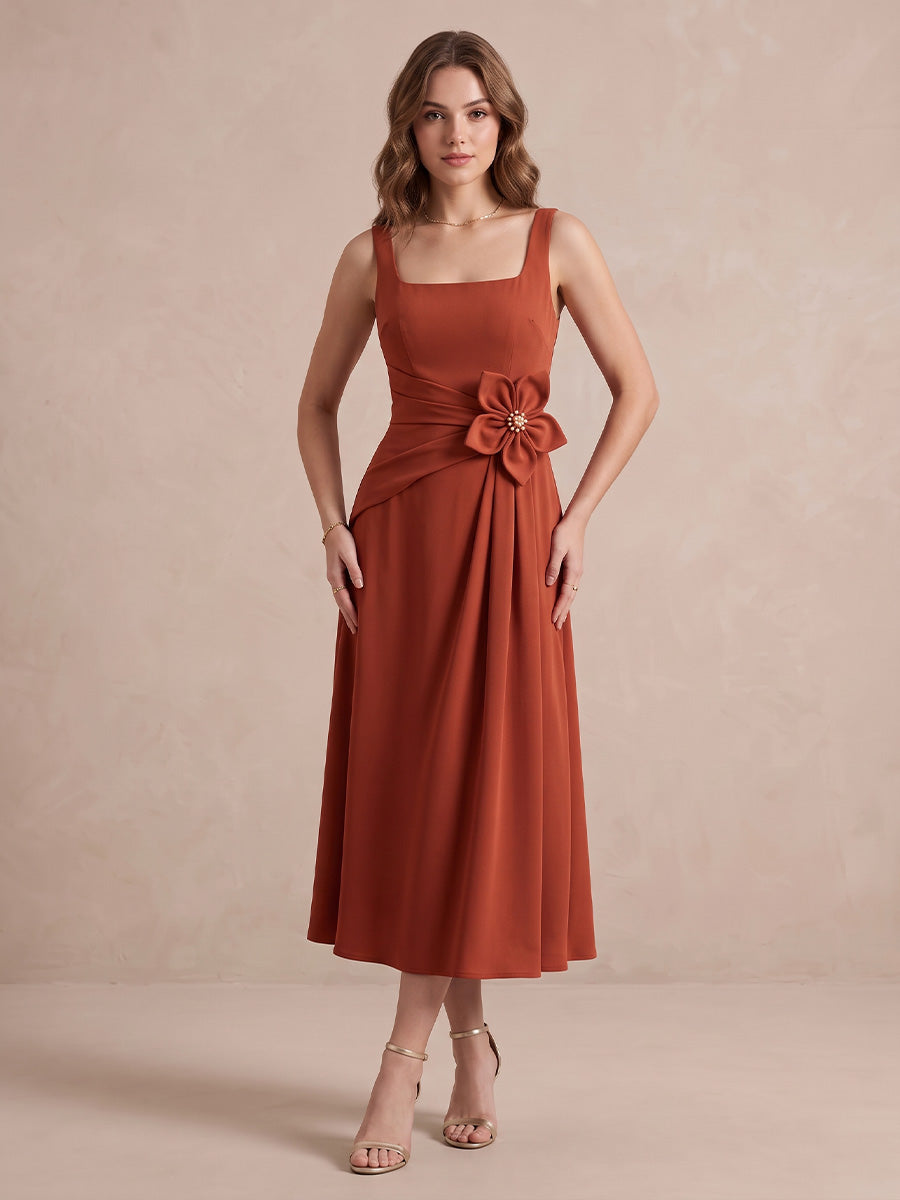 Rust A Line Midi Crepe Wedding Guest Dresses Square Neck Cocktail Dresses