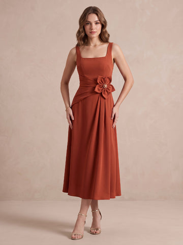 Rust A Line Midi Crepe Wedding Guest Dresses Square Neck Cocktail Dresses