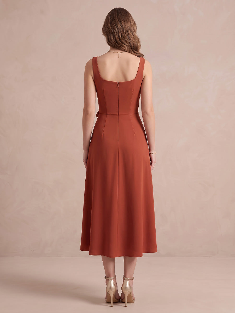Rust A Line Midi Crepe Wedding Guest Dresses Square Neck Cocktail Dresses