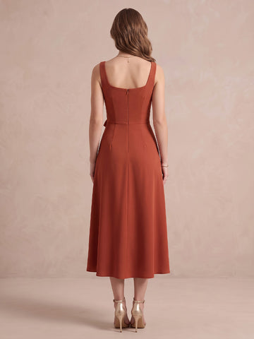Rust A Line Midi Crepe Wedding Guest Dresses Square Neck Cocktail Dresses