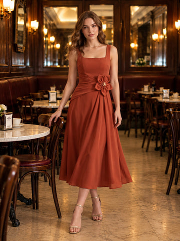 Rust A Line Midi Crepe Wedding Guest Dresses Square Neck Cocktail Dresses