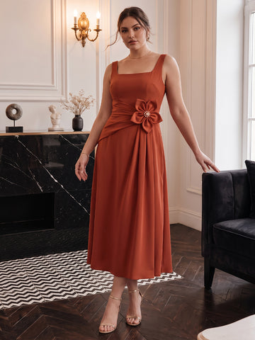 Rust A Line Midi Crepe Wedding Guest Dresses Square Neck Cocktail Dresses