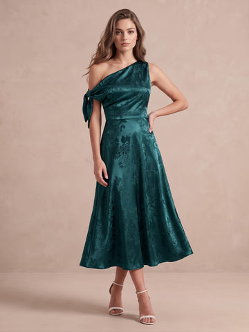 Emerald Green A Line Midi Jacquard Satin Wedding Guest Dresses One Shoulder Cocktail Dresses