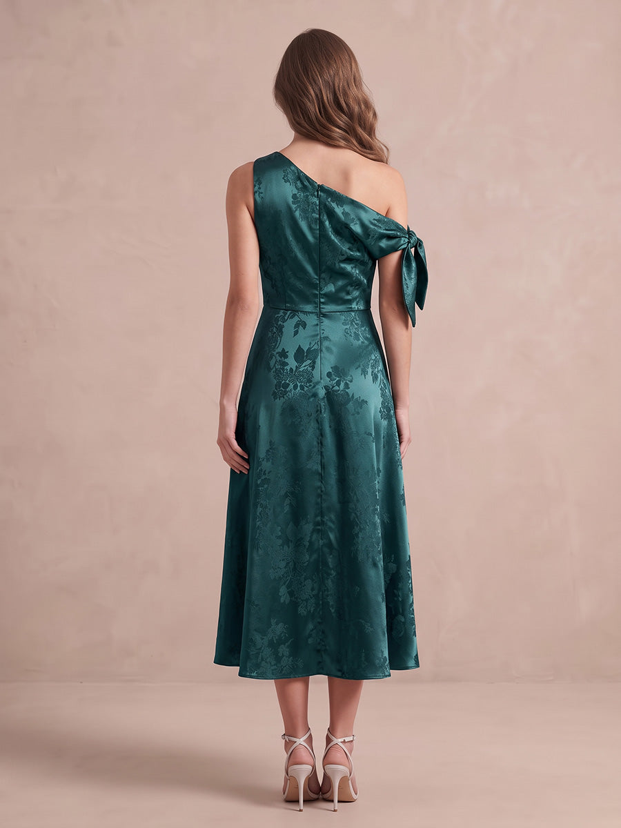 Emerald Green A Line Midi Jacquard Satin Wedding Guest Dresses One Shoulder Cocktail Dresses