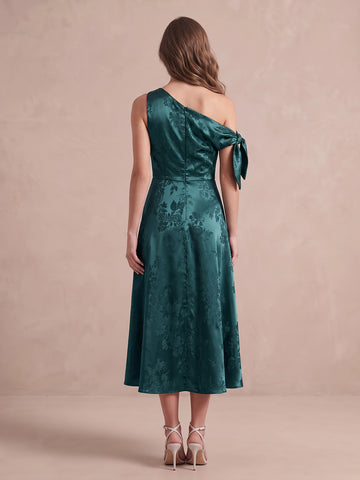 Emerald Green A Line Midi Jacquard Satin Wedding Guest Dresses One Shoulder Cocktail Dresses