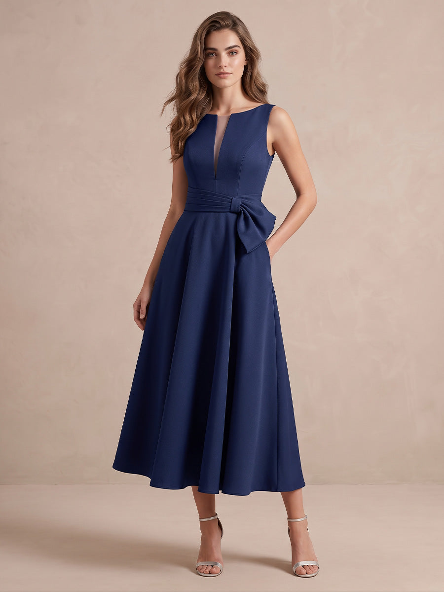 Navy A Line Midi Crepe Wedding Guest Dresses V Neck Cocktail Dresses