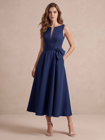 Navy A Line Midi Crepe Wedding Guest Dresses V Neck Cocktail Dresses